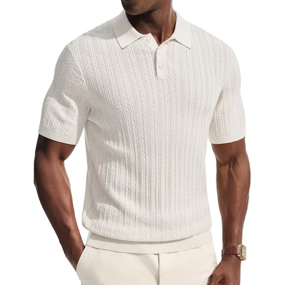 Men Ivory White Short Sleeve Knit Casual Lightweight Textured Polo Stretch Shirt